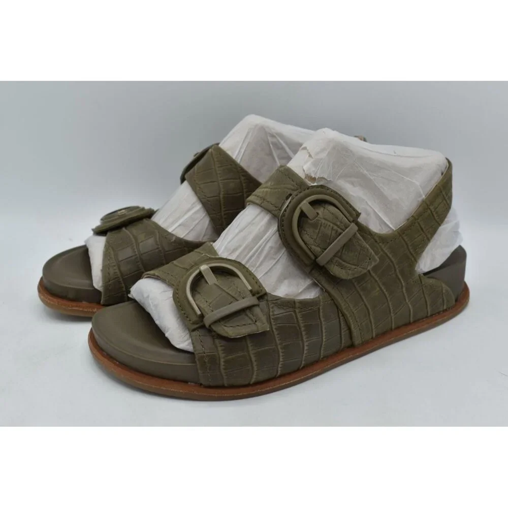 Sofft Women Size 7.5 Adalia Pale Olive Buckle Suede Croc Embossed Leather Sandal